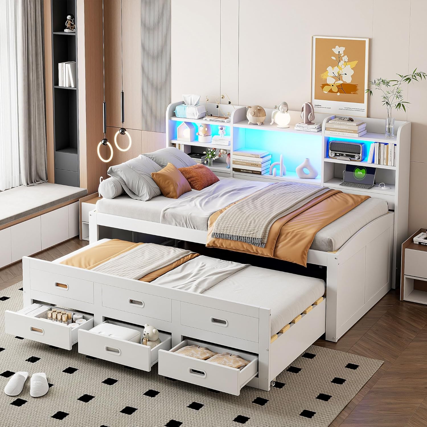 Tagesbett Schlafsofa 140x200 cm,Holz Multifunktionsbett mit USB-Steckdose, LED-Licht,Regal und 3 schubladen,Ausziehbares Schlafsofa,Doppelbett,Massivholzbett,Ohne matratze,Weiß (140×200cm)