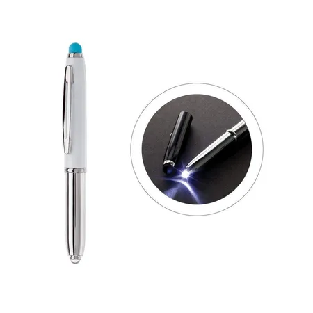 cuurts Touchpen Kugelschreiber mit LED Licht, silberweiß mit türkisem Stylus