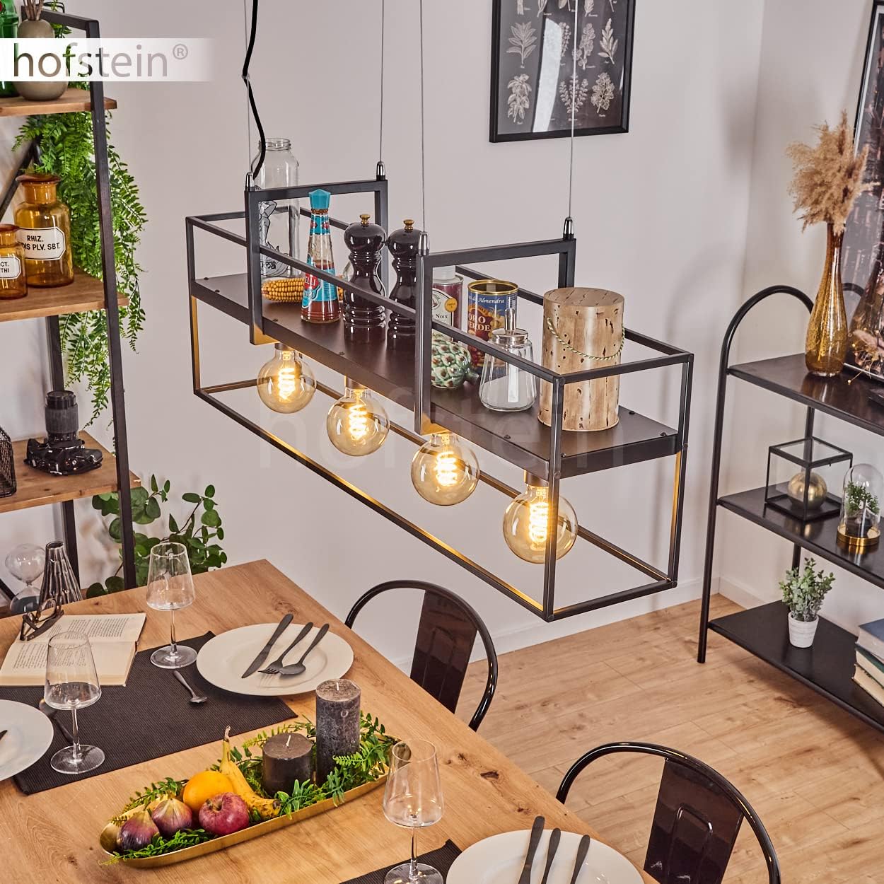 Pendelleuchte Victorine, moderne Hängelampe aus Metall in Schwarz, Hängeleuchte m. Schirm in Gitter-Optik als Ablagefläche, ideal über dem Esstisch, Höhe max. 145 cm, 4-flammig, E27, ohne Leuchtmittel