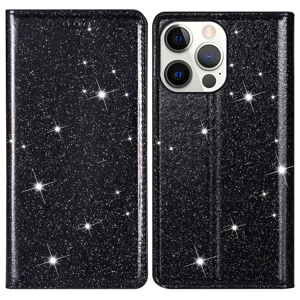 iPhone 14 Pro Max Flip Wallet Cover Leder Tasche Glitzer Optik - Schwarz