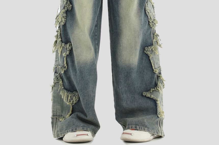 INStudio - High Waist Star Distressed Wide Leg Cargo Jeans