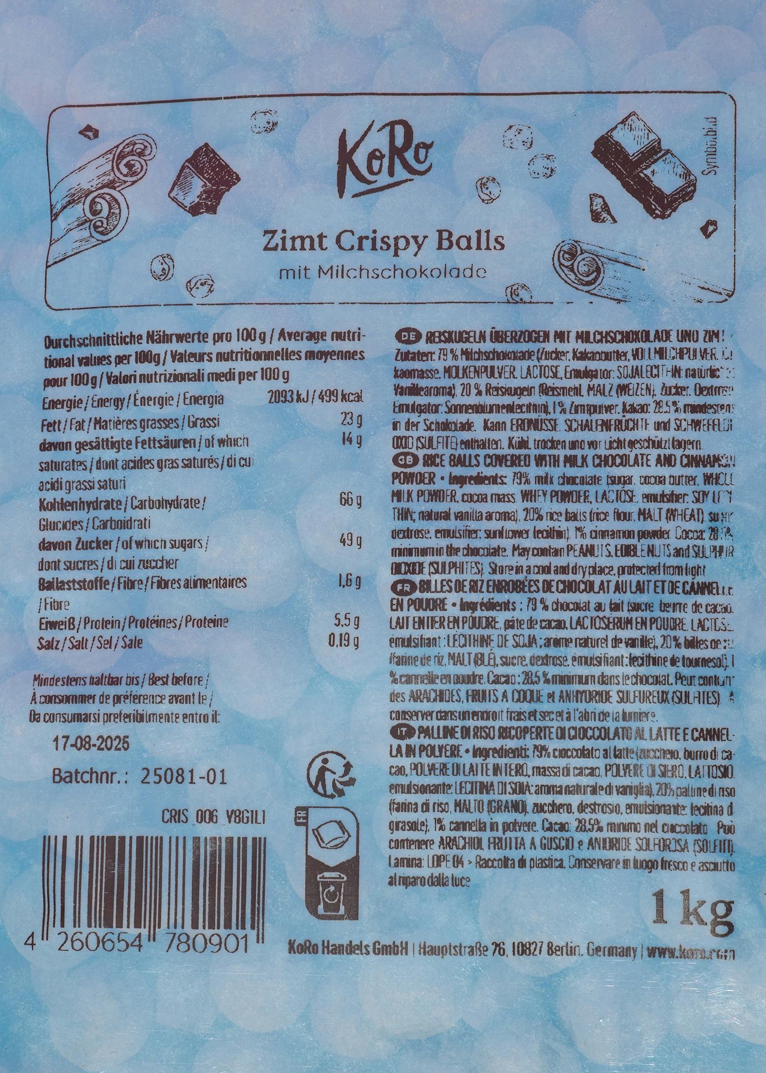 Zimt Crispy Balls mit Milchschokolade 1 kg