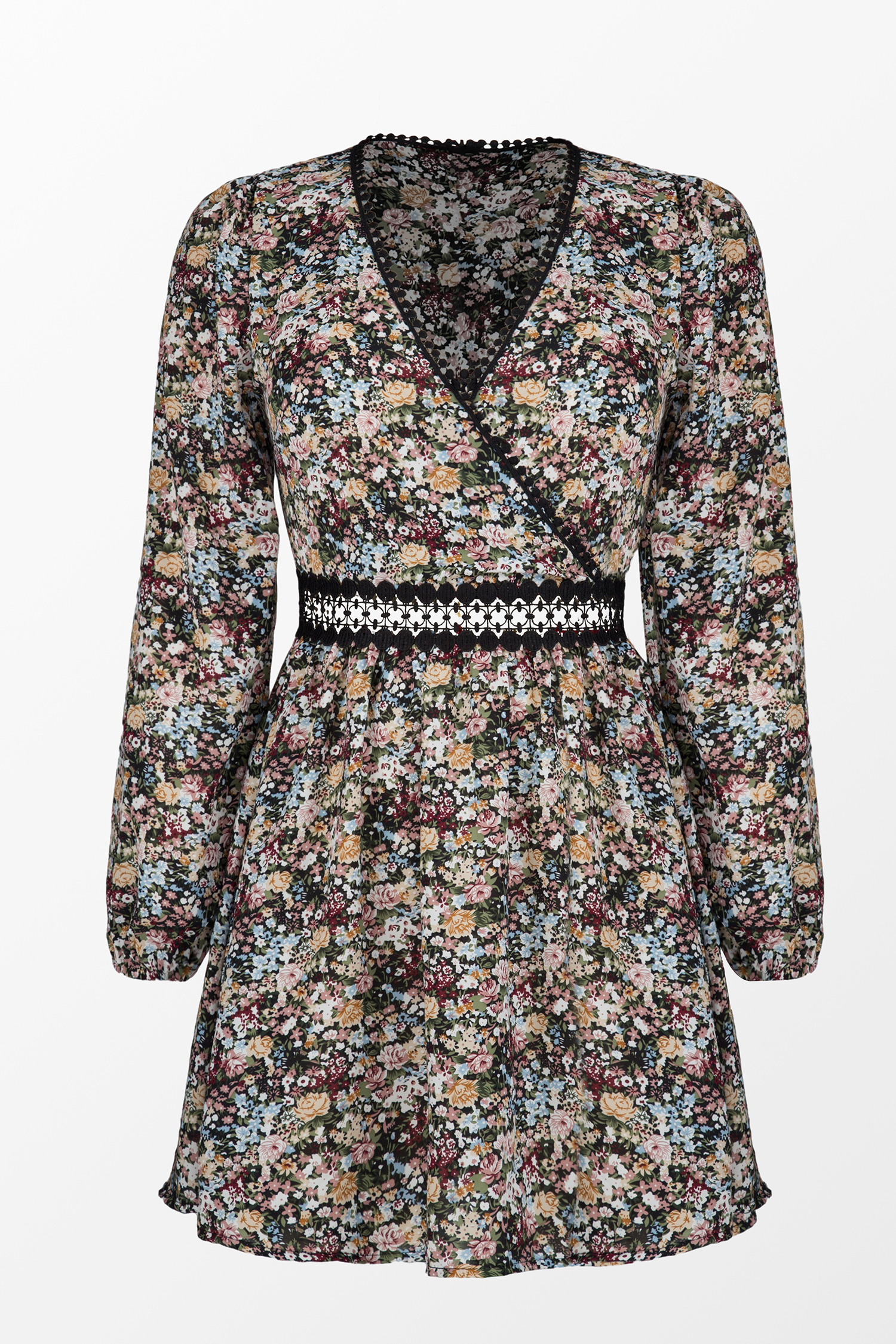 Robe mini en dentelle à pompons et imprimé floral