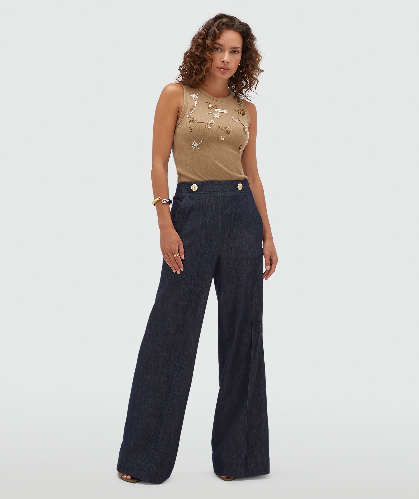 JV-CALIX slim fit top met kralen details - khaki melange