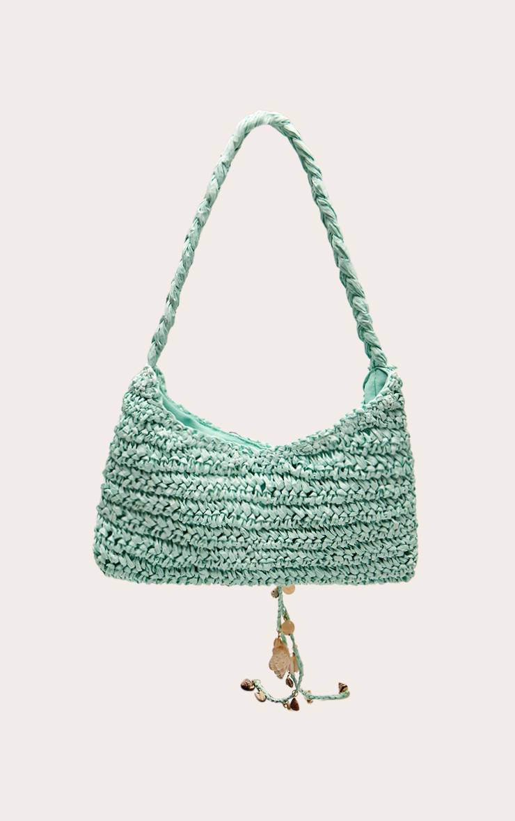 Bleu Aqua Sac Porté Épaule En Raphia Avec Détail Coquillage