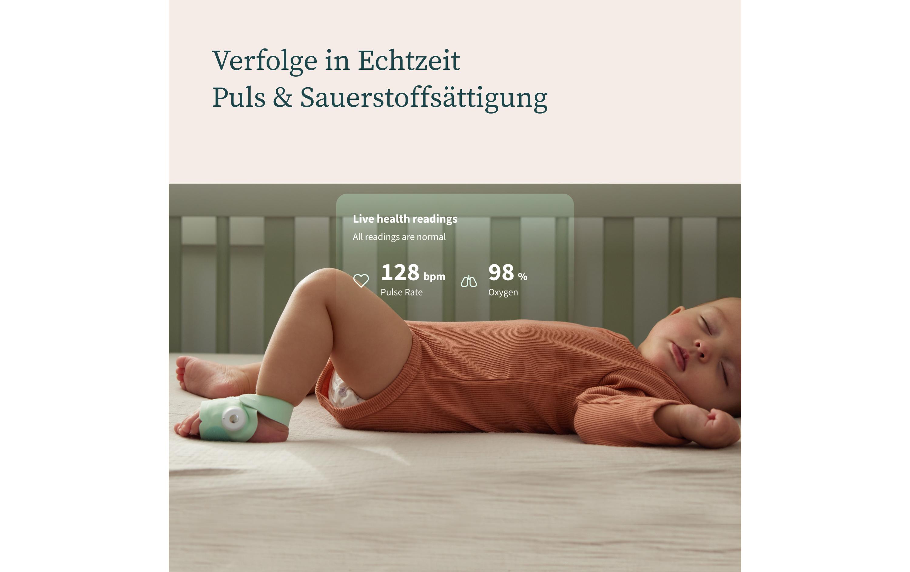 Babyphone Dream Sock Mintgrün<br>Medizinisch geprüftes Babyphone mit Echtzeitmessungen und Gesundheitsmeldungen