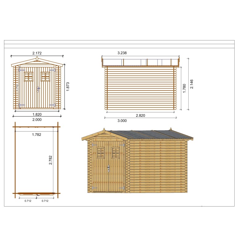 Abri de jardin en bois - 6m2 - 2x3m - traité - ep. 19mm - couleur: vert