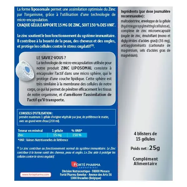 Forté Pharma Zinco Lipossomal 15 mg Imunidade Pele Cabelo 60 Cápsulas Vegetais