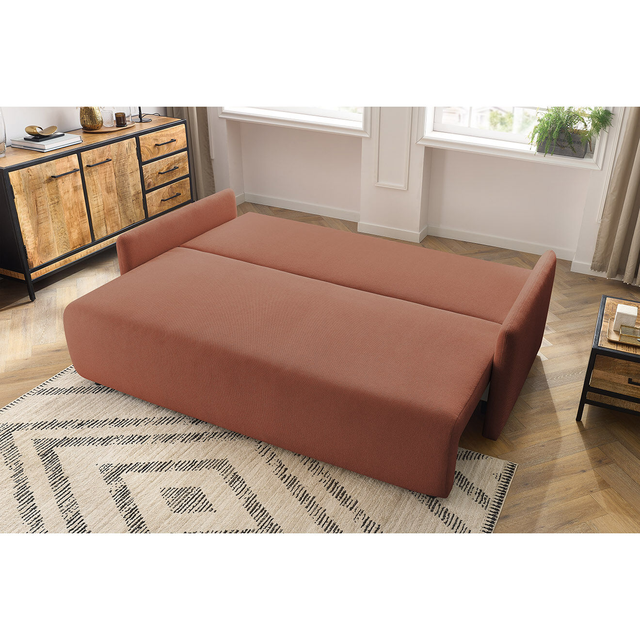 Bobochic Canapé droit convertible coffre marcel tissu lisse orange - 211x100x86 cm