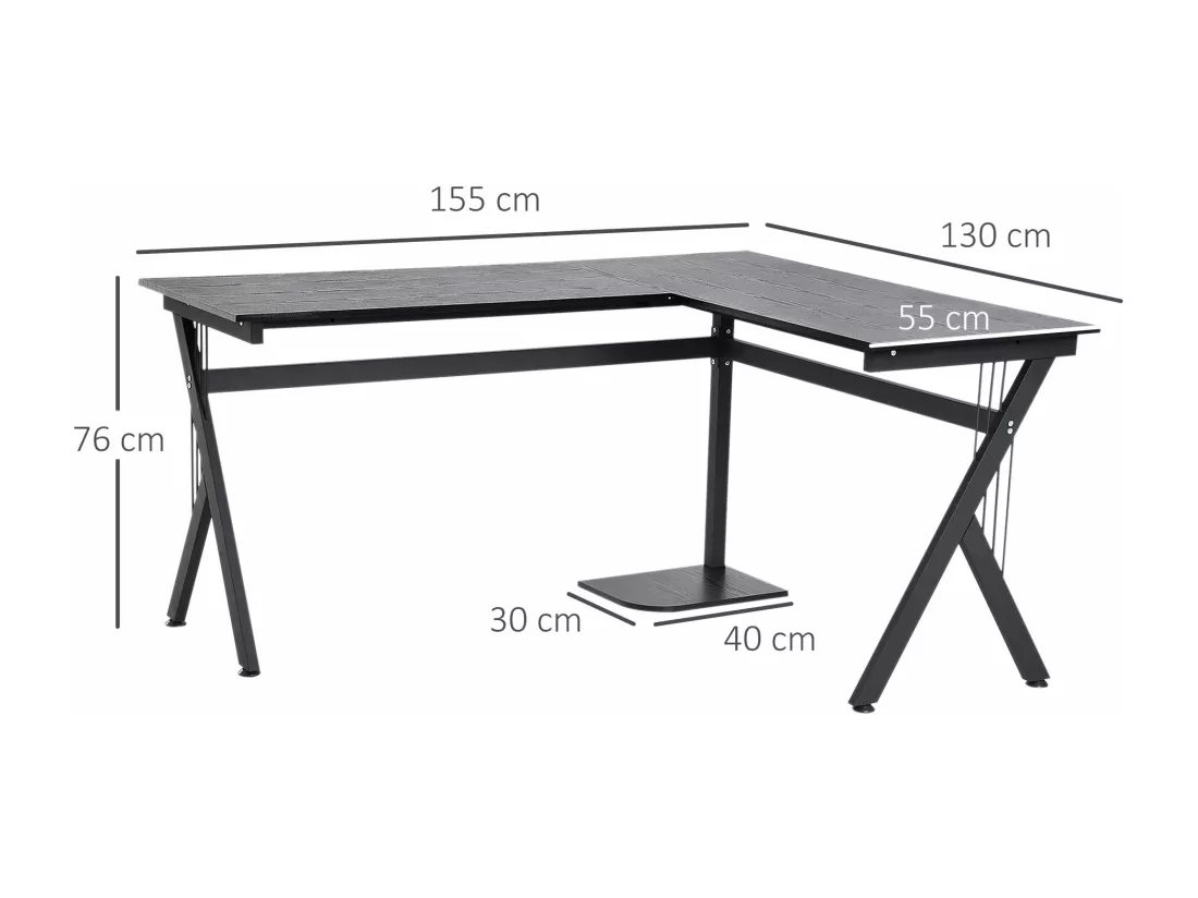 Bureau d'angle informatique design contemporain 155L x 130l x 76H cm MDF acier noir