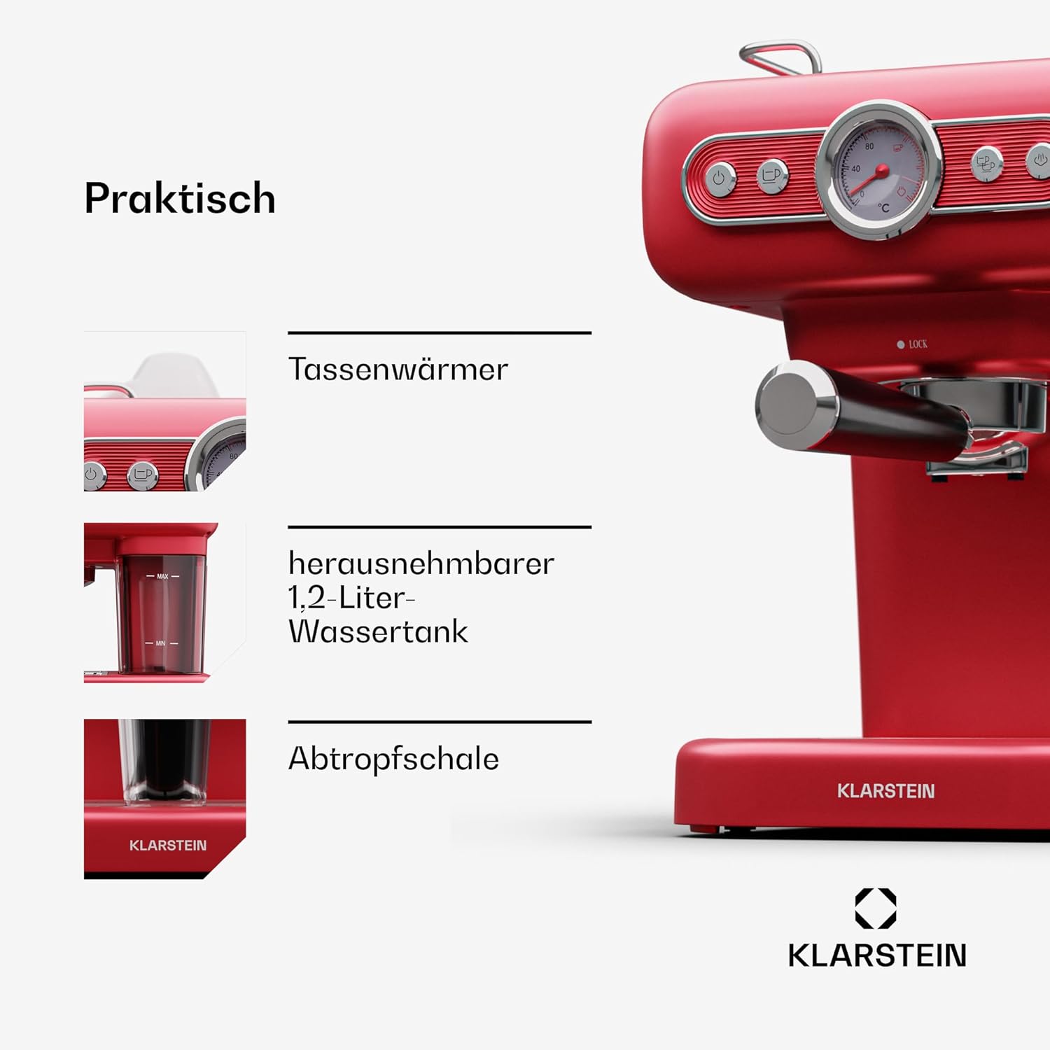 Klarstein Espresso Siebträgermaschine mit Milchaufschäumer, 1,2L Retro Mini-Espressomaschine mit Siebträger, 950 W Kaffeemaschine Klein, Edelstahl für Cappuccino, Latte & Macchiato