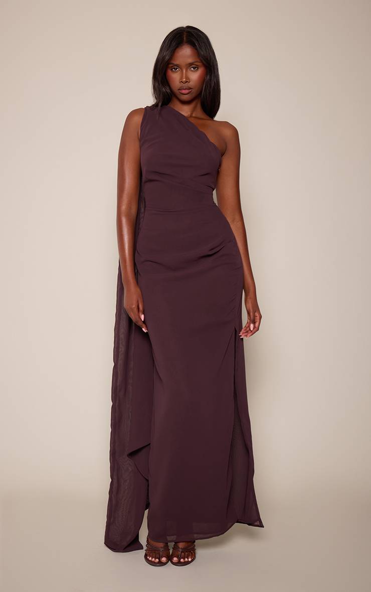 Marron Robe Longue En Mousseline Asymétrique Avec Détail Foulard Drapé