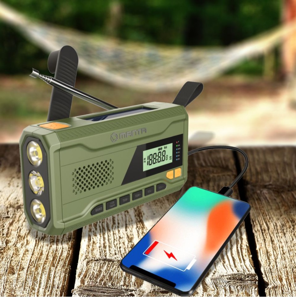Manta - Bærbar nødradio FM-radio, solenergi powerbank, lommelygte