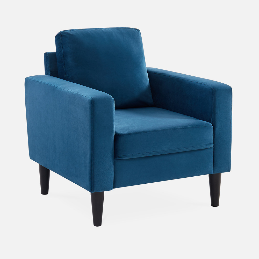 Fauteuil scandinave en velours bleu - bjorn - canapé 1 place fixe droit pieds bois