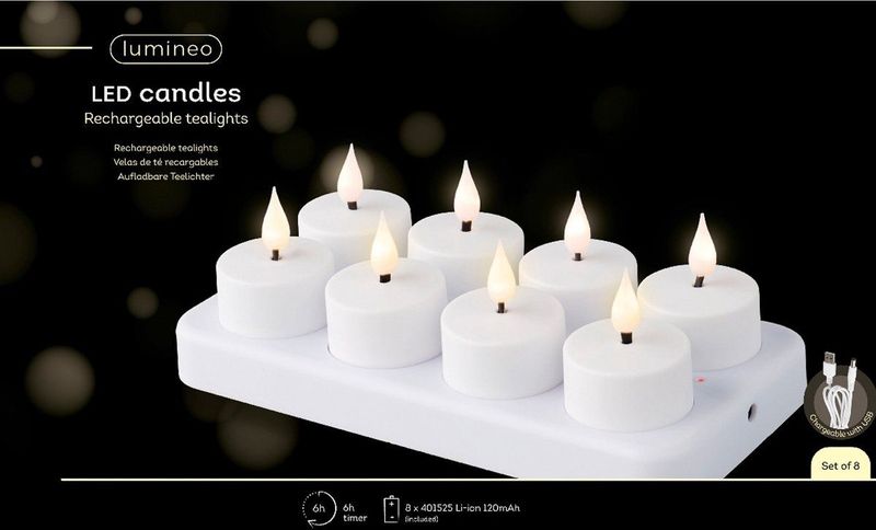 Lumineo - Oplaadbare LED Theelichtjes - Wit - 8x Stuks - D4 cm - Oplaadstation - Met USB Kabel