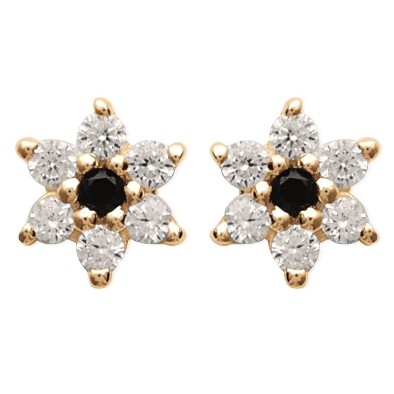 Boucles d'oreilles fleur d'oxyde de zirconium blancs et noir Plaqué OR 750 3 microns