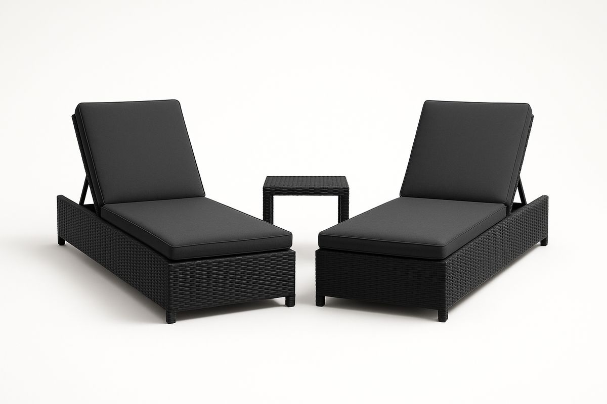 Rattan Gartenliege Set Schwarz mit Aluminiumrahmen