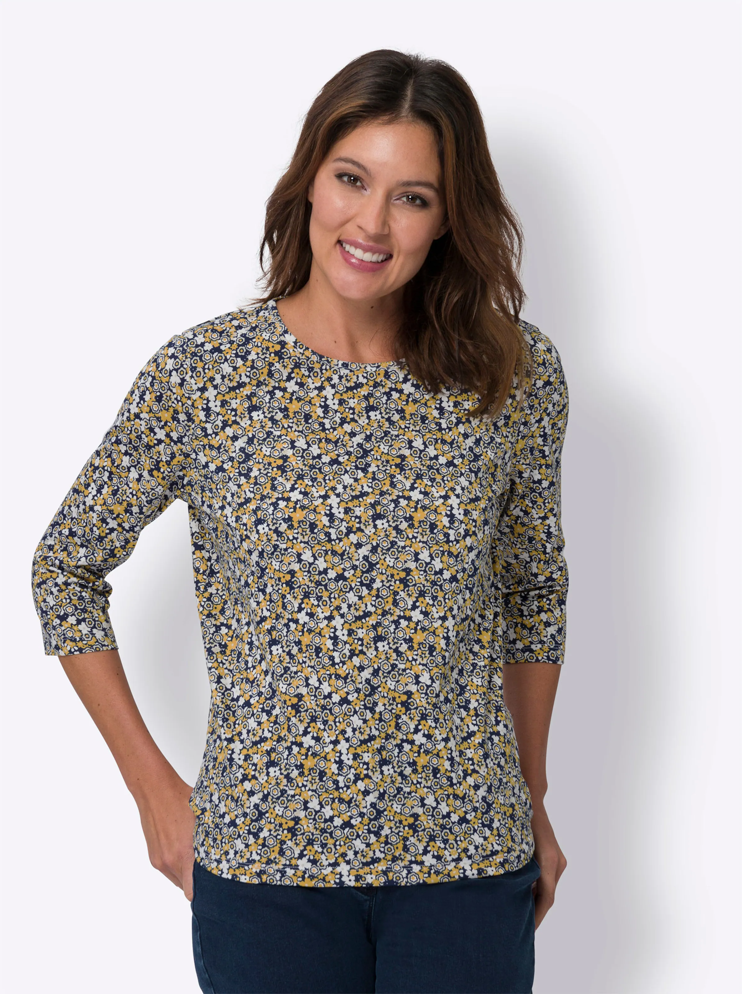 3/4-Arm-Shirt in marine-ocker-bedruckt
