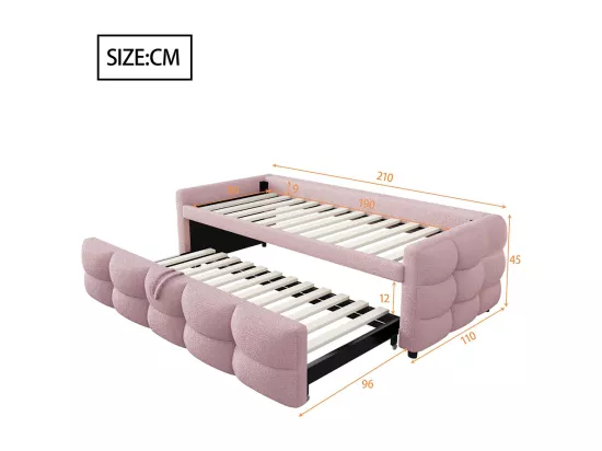 Lit gigogne 90/180x190 pouf tissu velours Teddy lit simple lit double avec sommier à lattes lit multifonction Rose