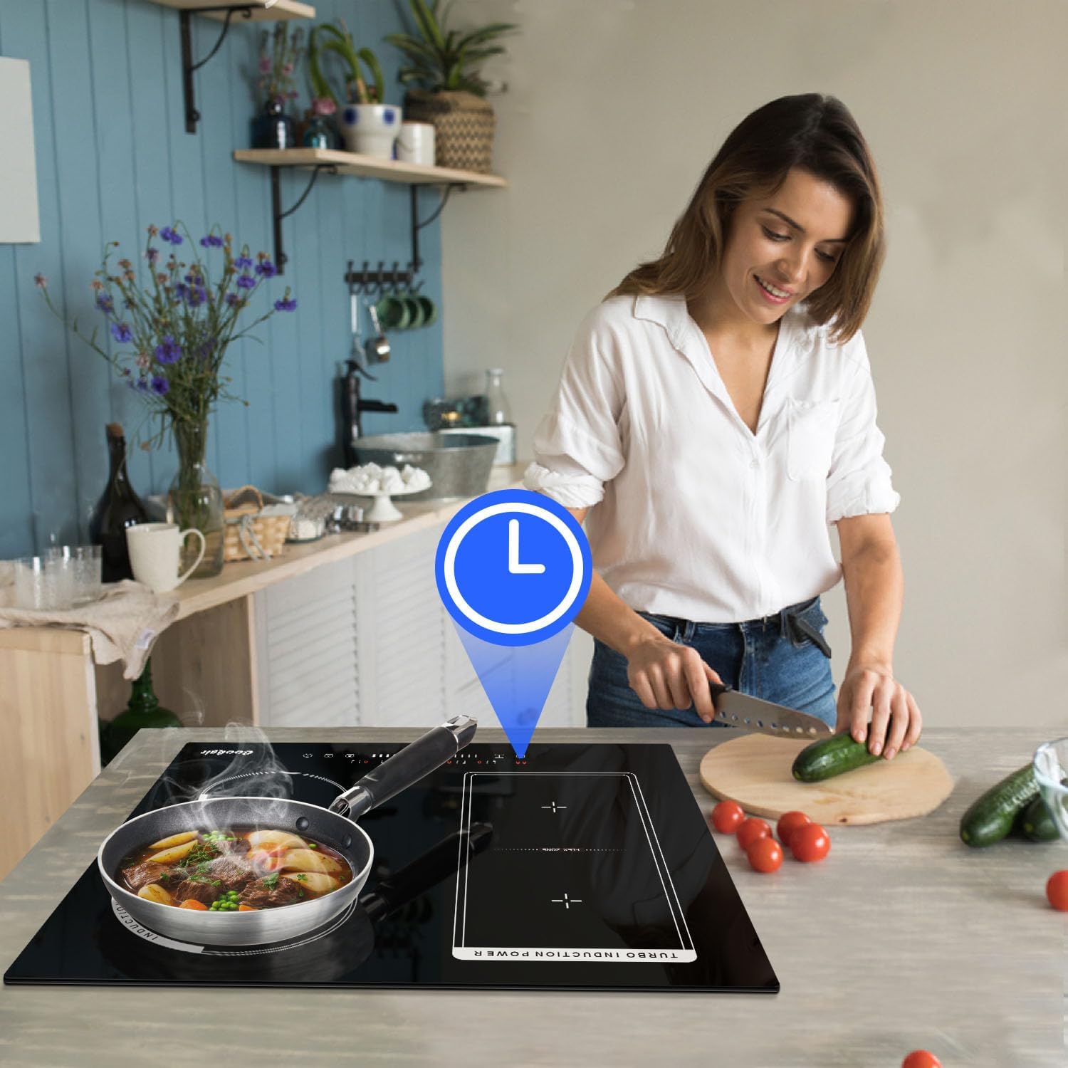 Induktionskochfeld 4 Platten mit Stecker, Kochfeld Autark, Einbau 59cm, 3500W, Kombizone für Grill, Slider-Touch-Steuerung, Schwarze Keramikglasplatte, 220V, 50Hz, 16A Steckerdose