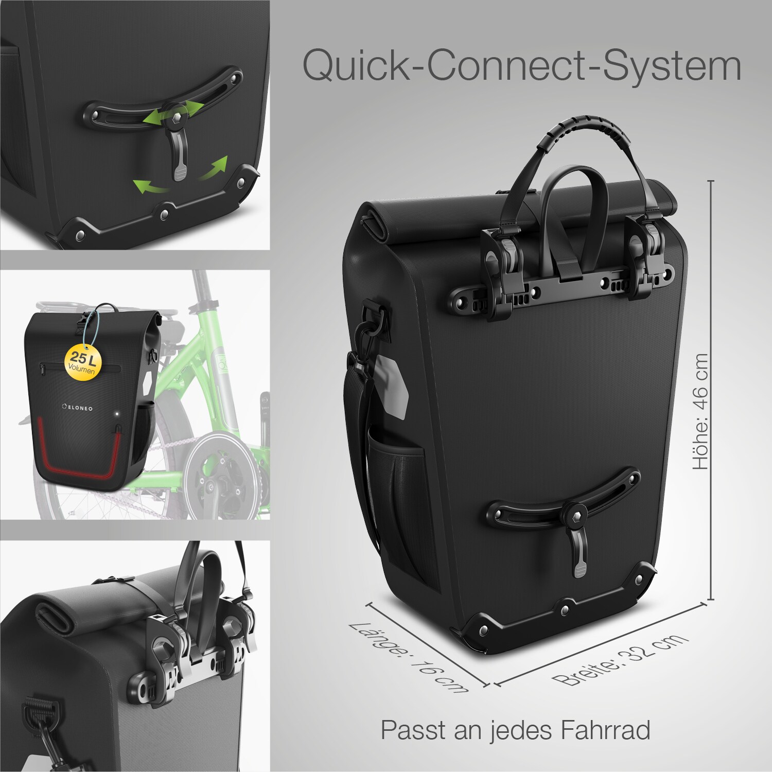 eloneo Fahrradtasche für Laptop wasserdicht mit LED, 25L
