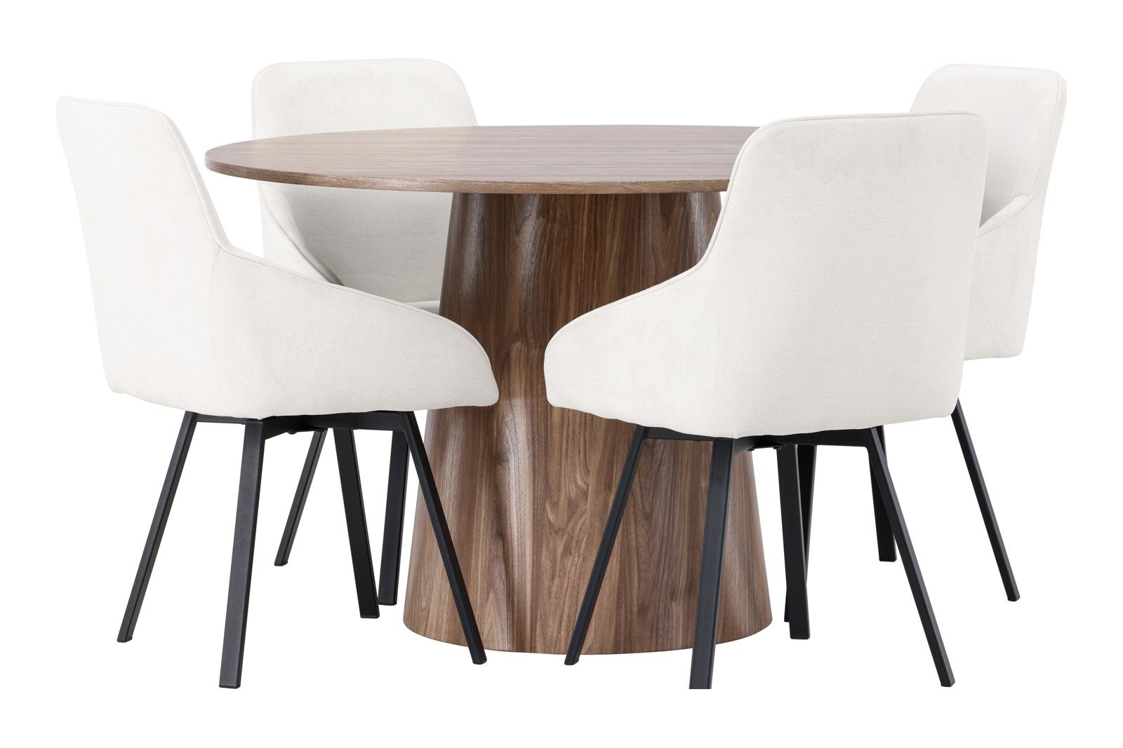 Lanzo og Rosie Spisegruppe Lanzo rundt spisebord ø120cm i natur med 4 stk. Rosie spisestoler i Beige og sorte ben.
