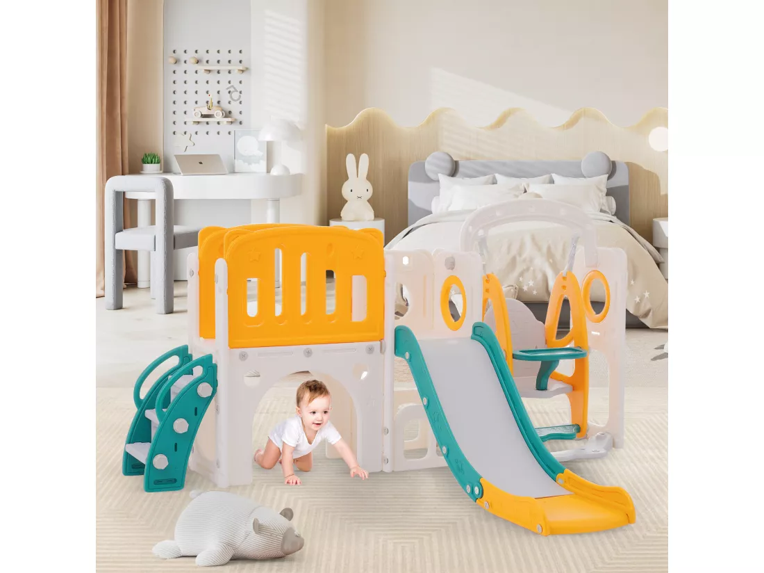 Toboggan 7 en 1 pour enfants - 215 x 150 x 106cm - en HDPE - avec balançoire et panier de basket - vert