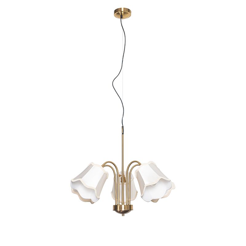 Klassieke hanglamp messing met witte lampenkap 5-lichts - Nona