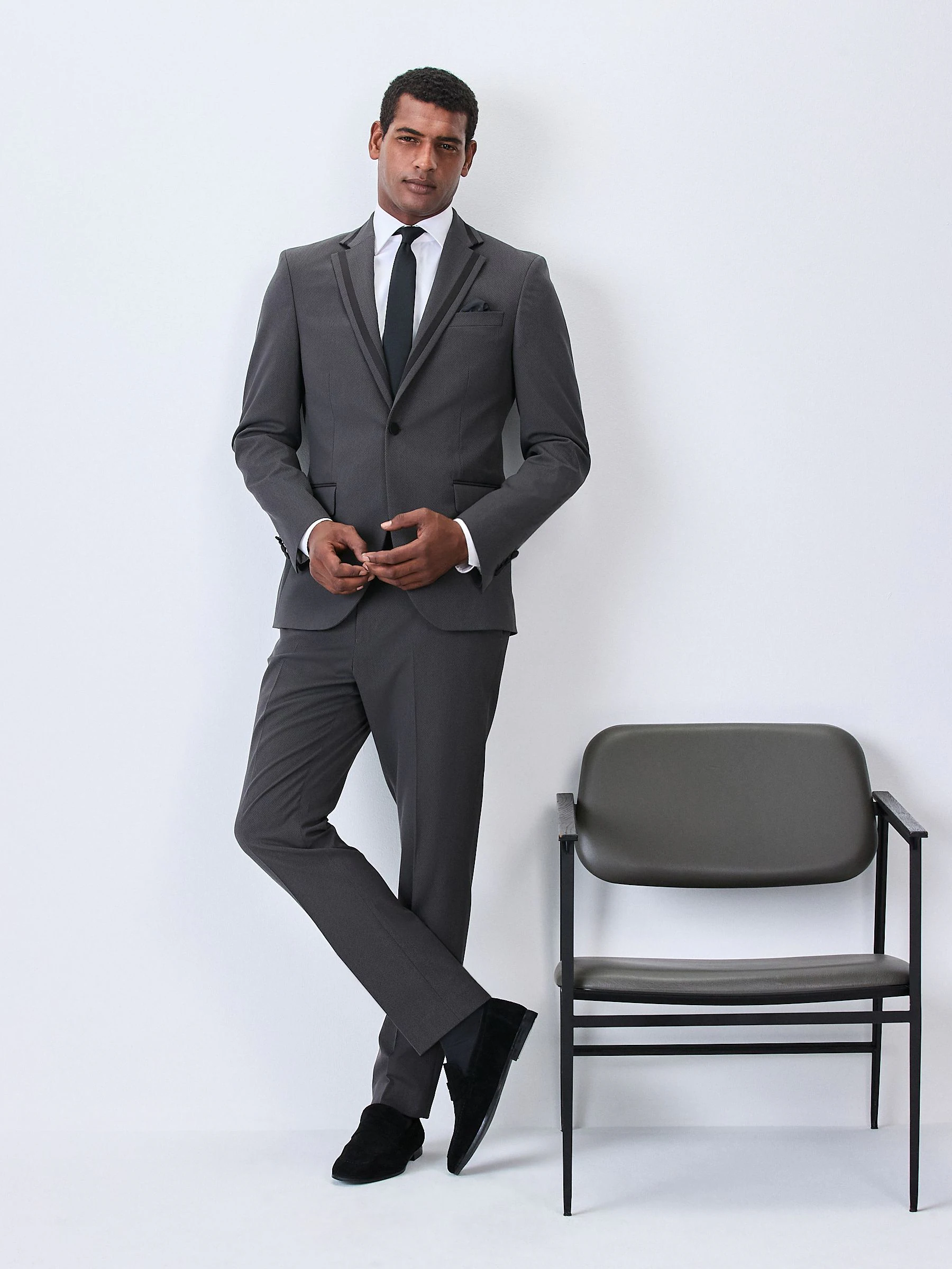 Antraciet - Strakke Pasvorm - Inset Lapel Detail Tuxedo Suit Jacket
