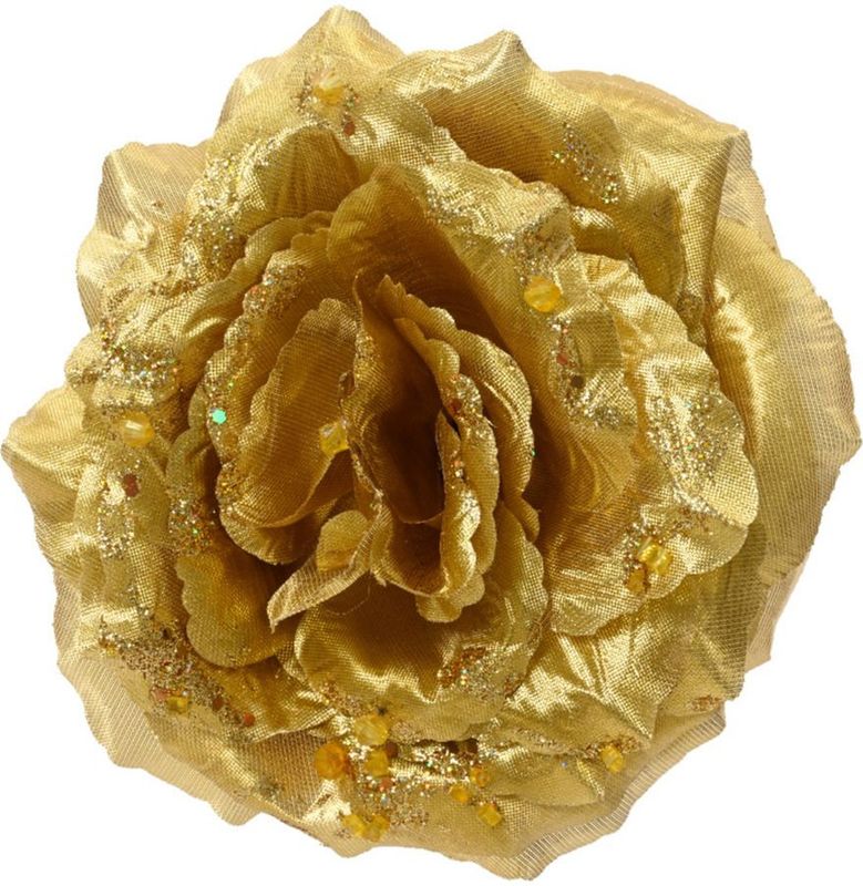 Decoris kerstclip roos met glitters D 14 cm goud