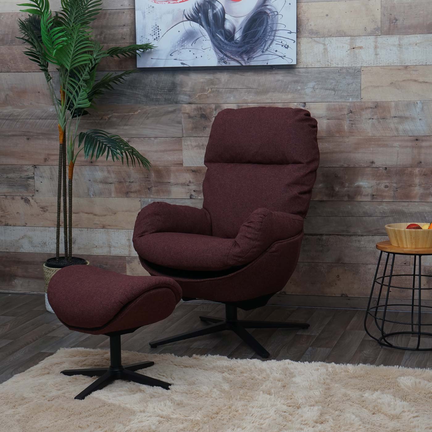 Relaxsessel + Hocker MCW-L12, Fernsehsessel Sessel Schaukelstuhl Wippfunktion, drehbar, Metall Stoff/Textil ~ bordeaux