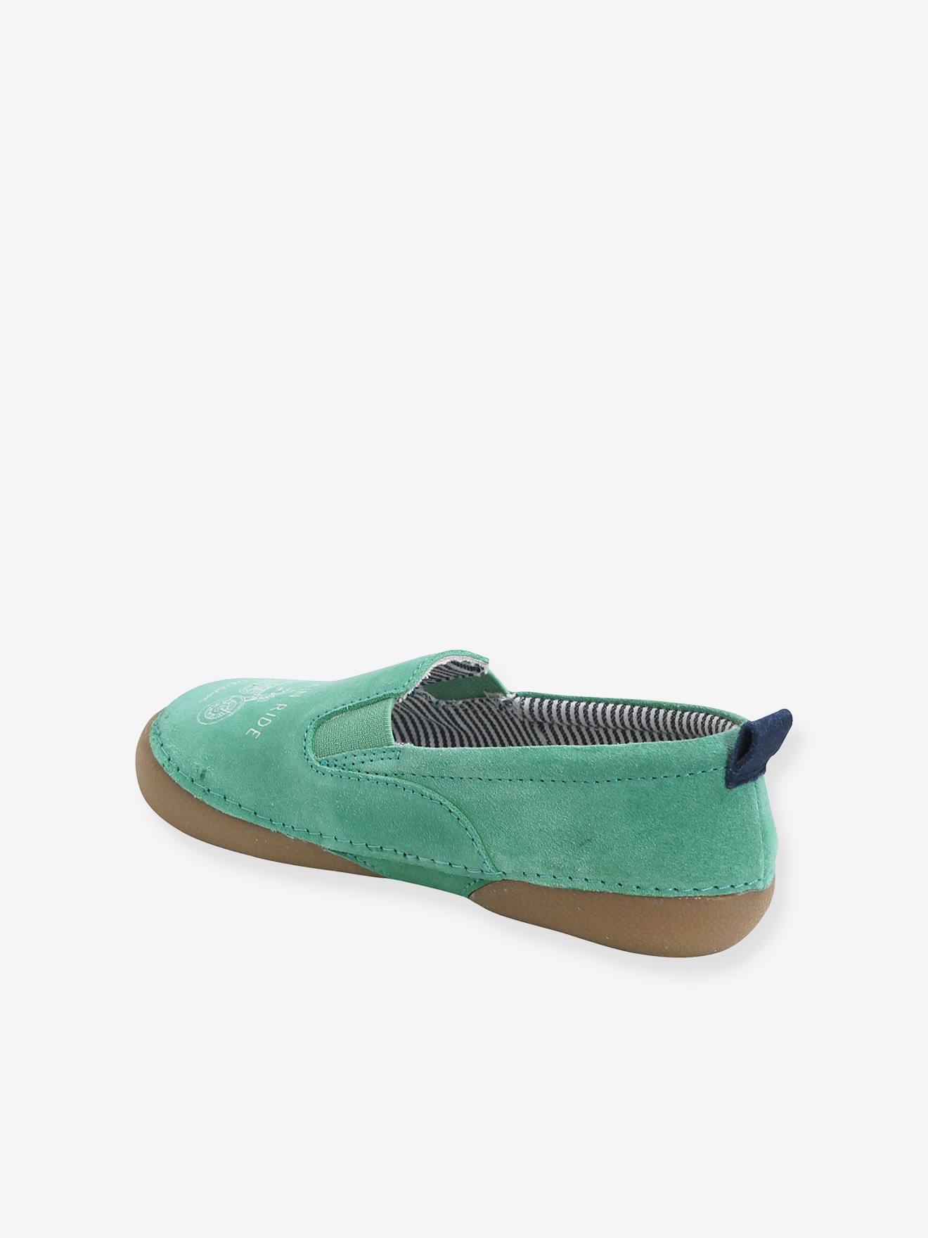 Pantufas de couro elástico para meninos, verde-escuras lisas com estampas.