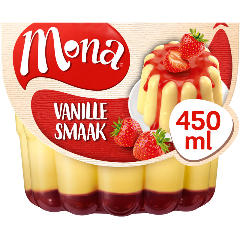 Mona Vanillepudding met aardbeiensaus