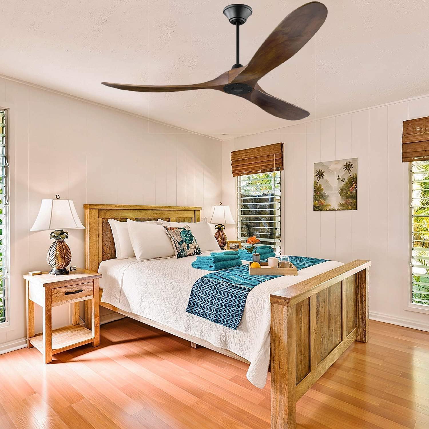 52 Zoll Retro Holz Deckenventilatoren, 6-Gang leiser Deckenventilator mit Inverter Fernbedienung, Innen-Deckenventilator im Freien, Ventilador de Techo de Nogal, Timing Funktion
