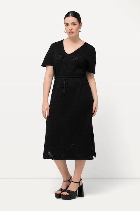 Midikleid, Strukturjersey, V-Ausschnitt, Halbarm