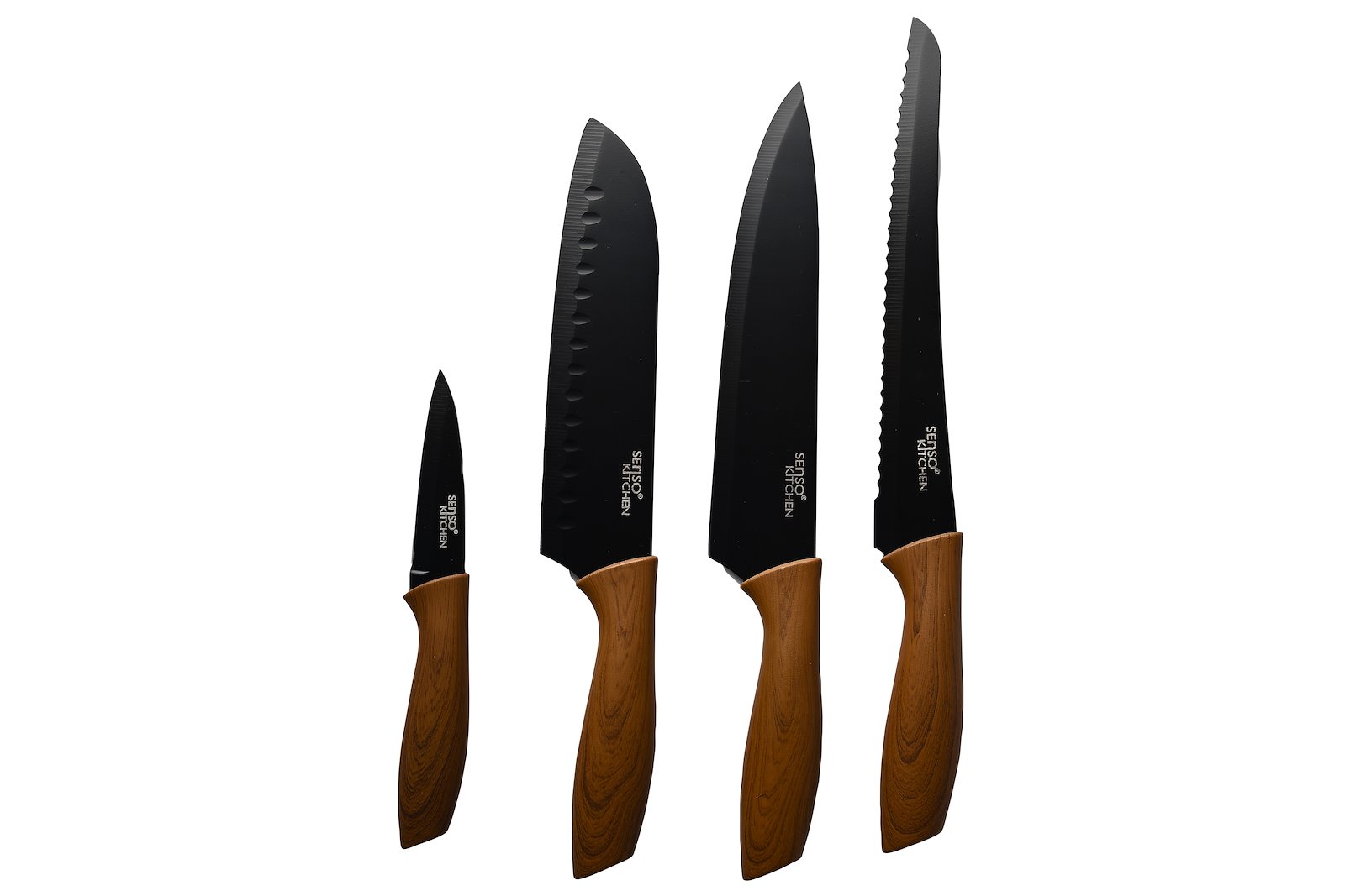 Chef knivsett 4 deler Sort stål med håndtak i plast. 4 kniver i pakken.