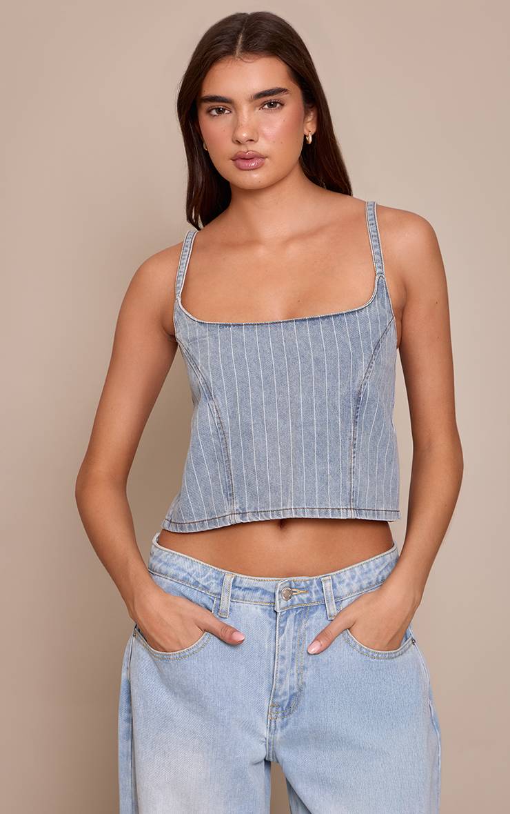Bleu Clair Top Court En Denim À Fines Rayures