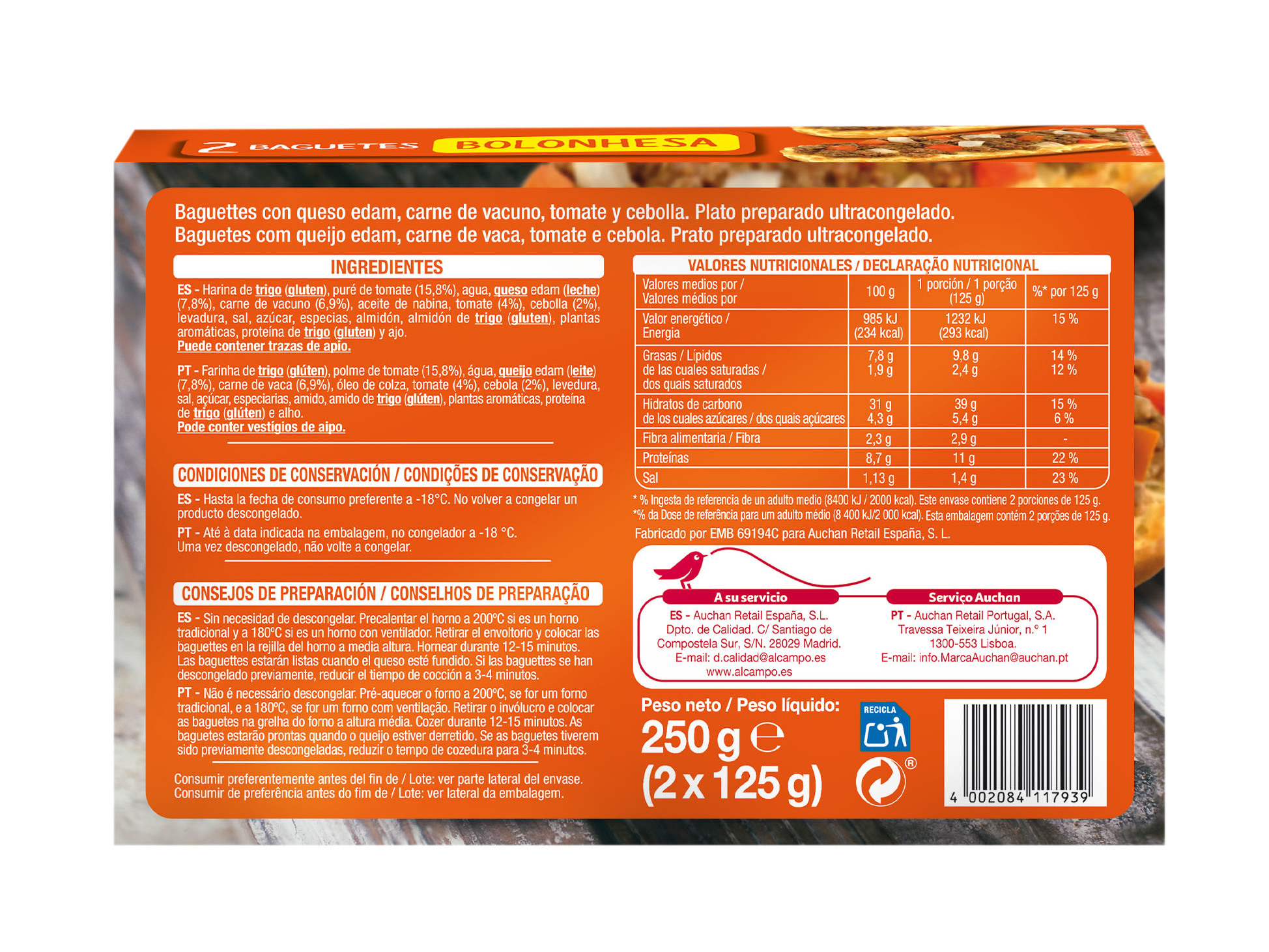 BAGUETE BOLONHESA AUCHAN 250G (2X125G)
