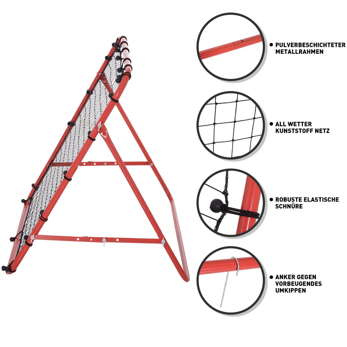 HOMCOM Voetbalrebounder, Kickbackdoel, Verstelbare hoek, 96 x 80 x 96 cm, Metalen buis, PE-stof, Rood + Zwart