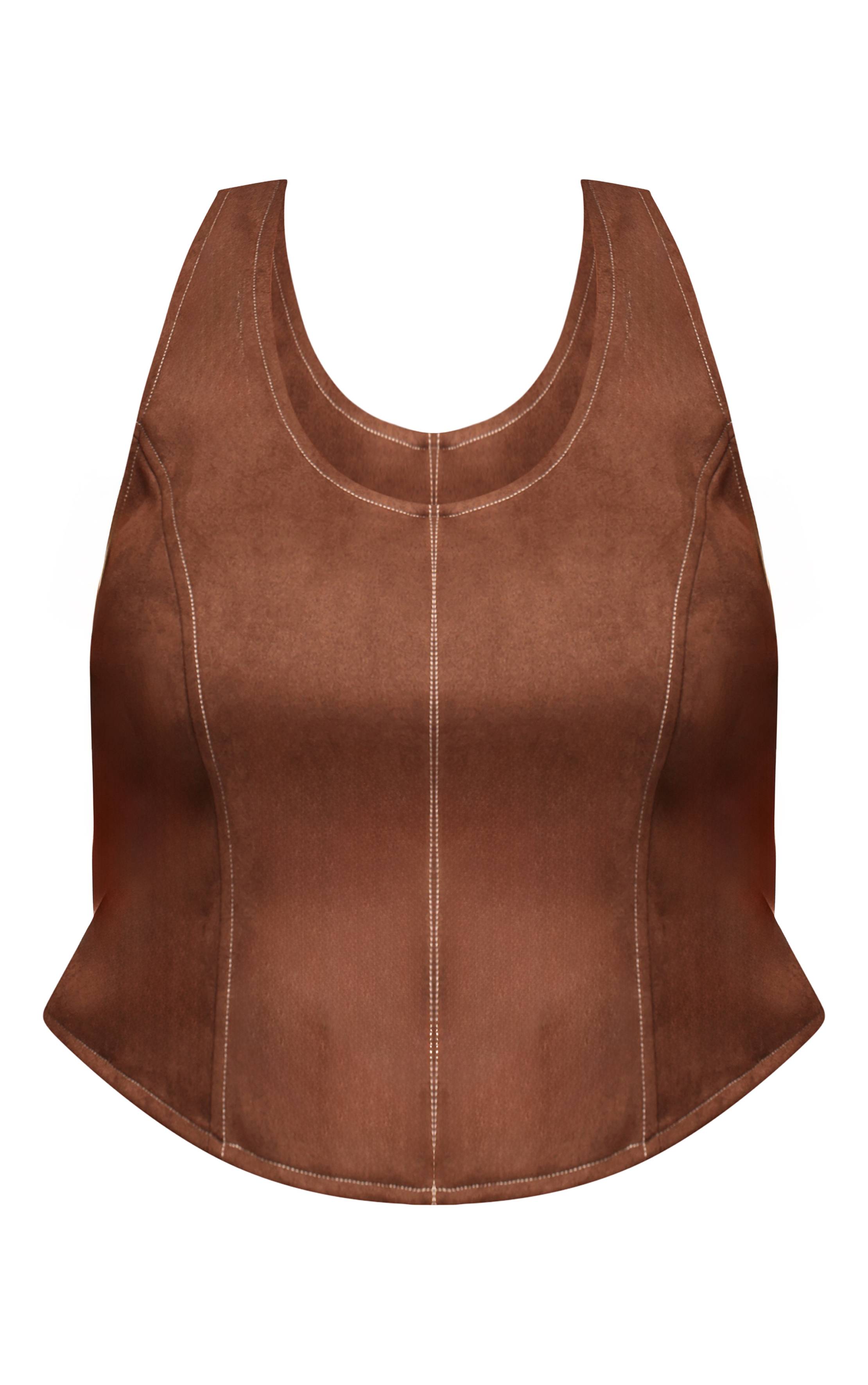 Chocolat Haut Corset Grande Taille En Synthétique Avec Coutures Contrastées