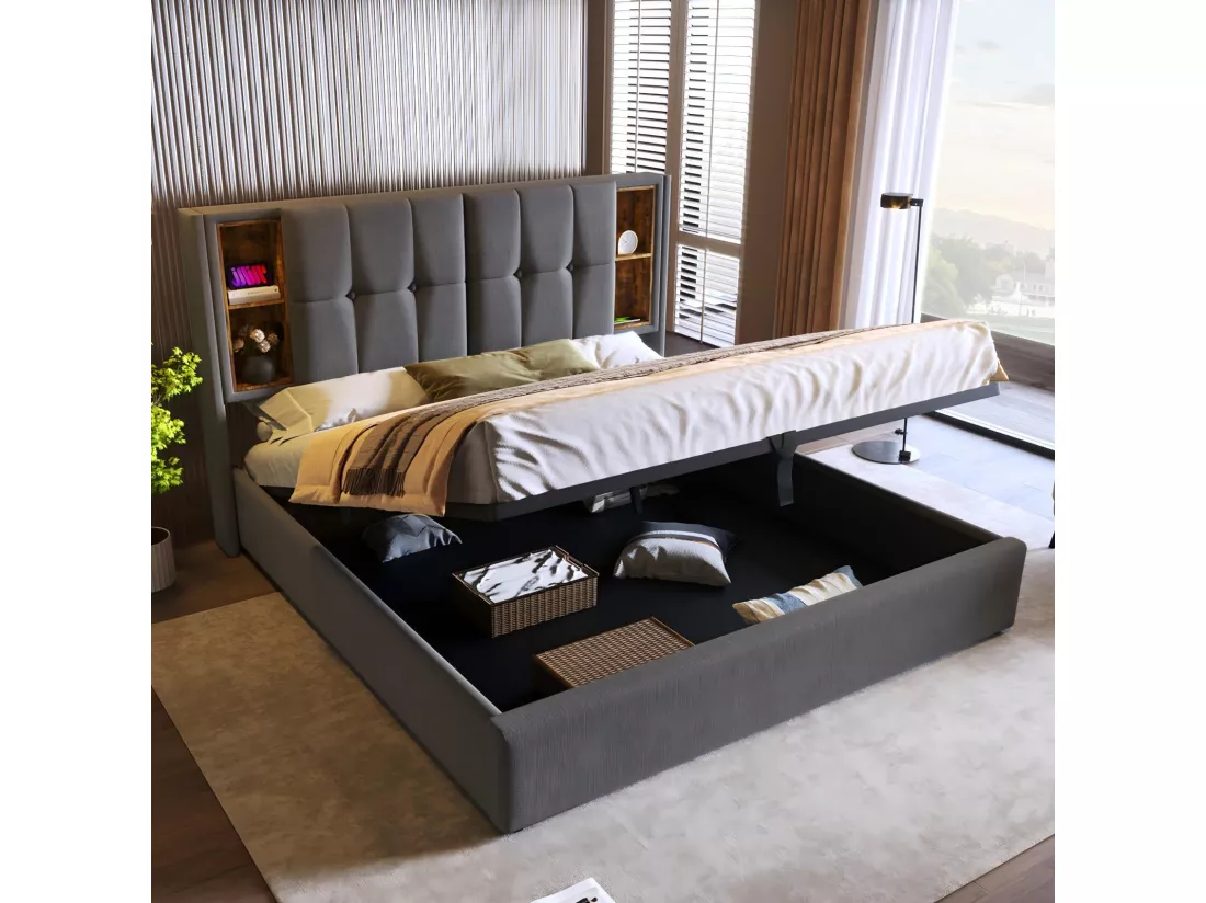 Lit coffre rembourré en coton 2 place, 140x200cm, avec charge sans fil USB et 4 tiroirs, Gris