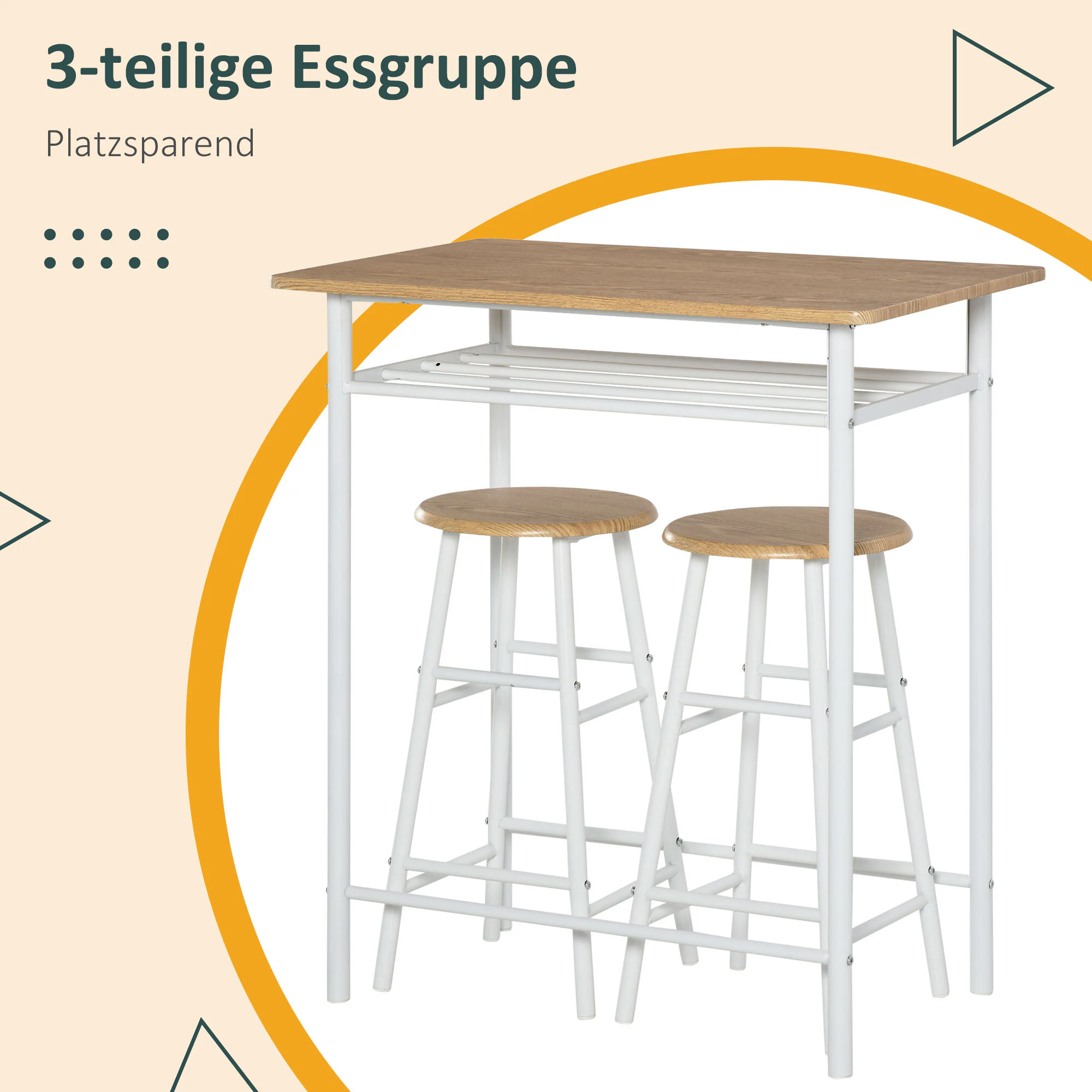 HOMCOM Bartisch-Set 3-teiliges Bar-Set bestehend aus einem Tisch und 2 passenden Hockern Weiß, Eiche 80 x 50 x 90 cm (BxTxH)