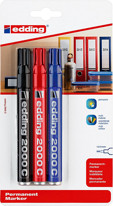 Marqueur permanent tout matériaux - corps alu Edding e-2000, lot de 3