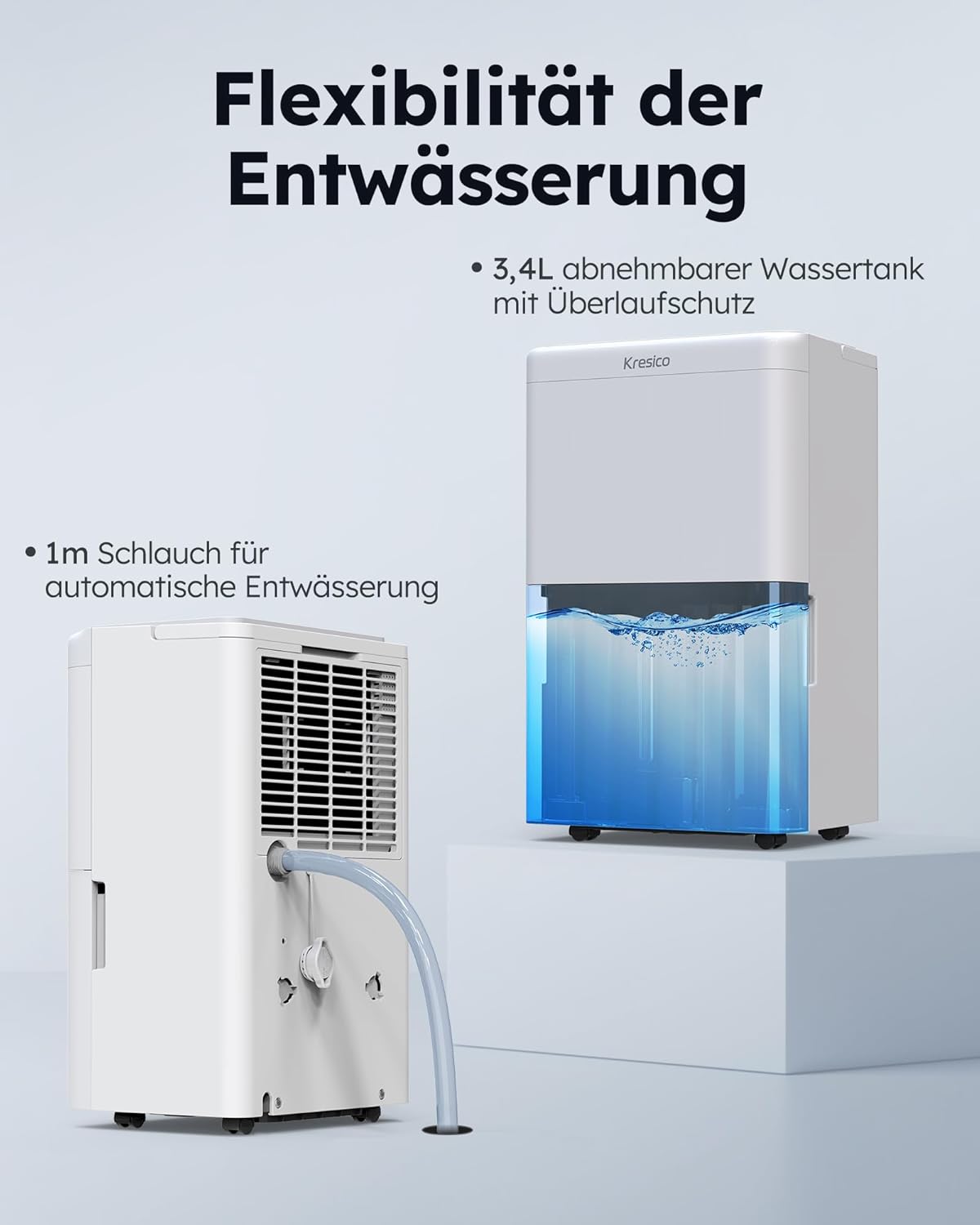 Luftentfeuchter elektrisch 20L/24h, Entfeuchter elektrisch 39dB, Raumentfeuchter für Räume ca. 150m³/50m², mit Ablaufschlauch, Timer, Filter, auto Abtauen, Kältemittel R290, 10 J. Gar.
