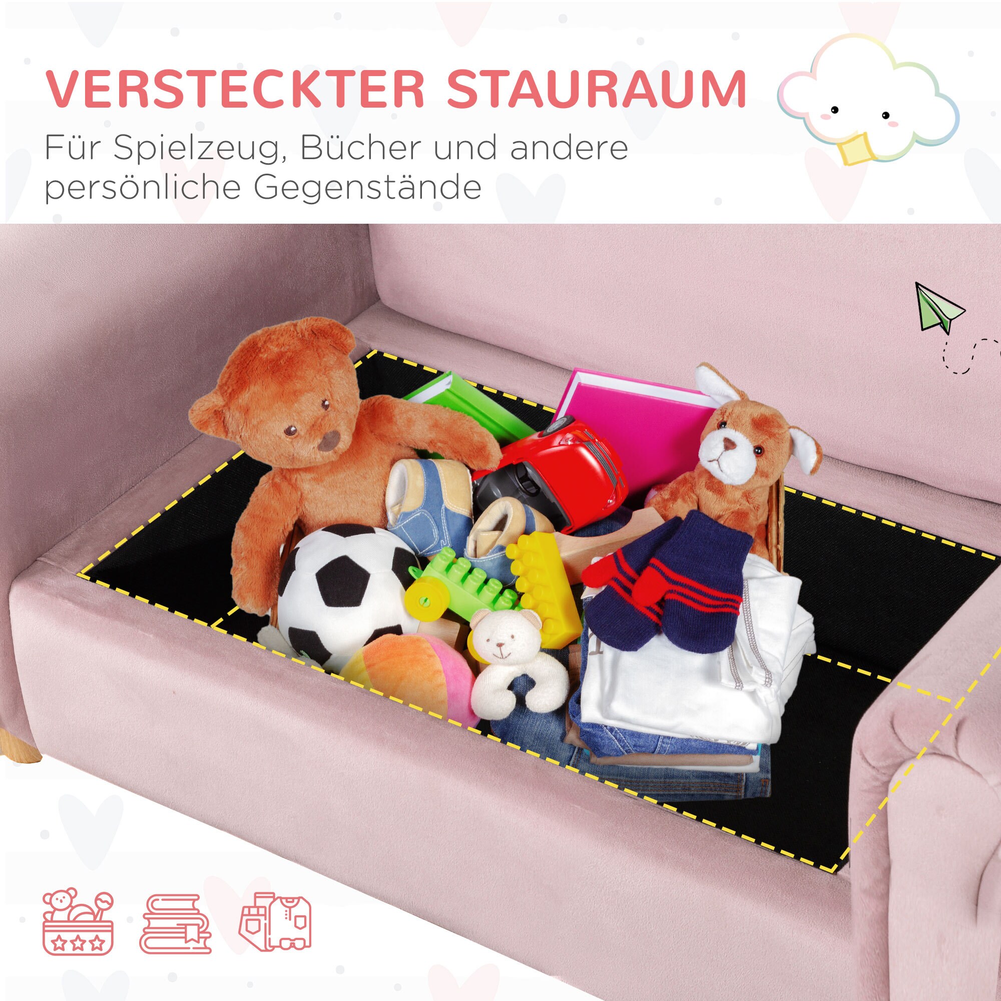 HOMCOM Kindersofa mit Stauraum rosa 84L x 41,5B x 48,5H cm