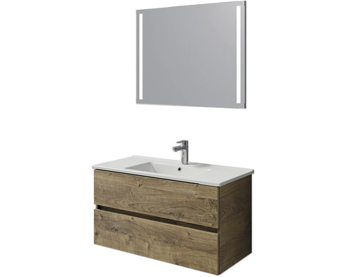 Pelipal Cavallino badkamermeubelset (B x H x D 100 x 200 x 45 cm), frontkleur: Ribbeck eiken, met witte keramische wastafel, badmeubel en spiegel