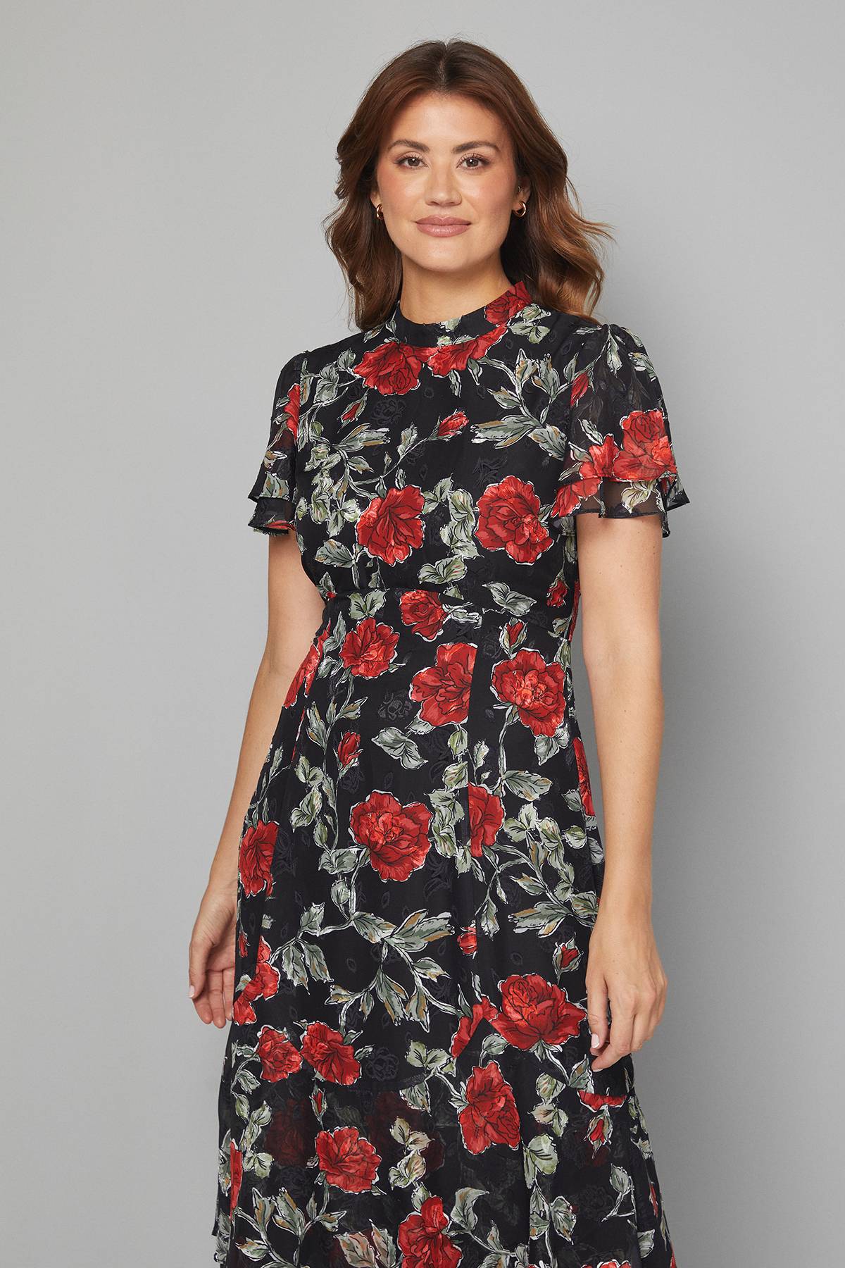 Wallis Robe Midi à Volants Motif Floral Dévoré