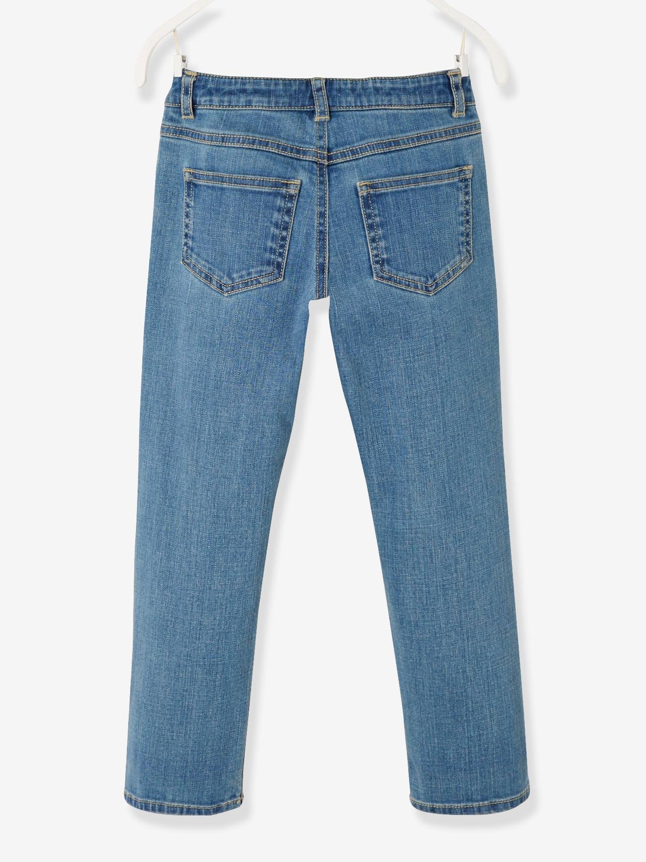 Calça jeans reta para meninas com quadris largos, azul médio, lisa.