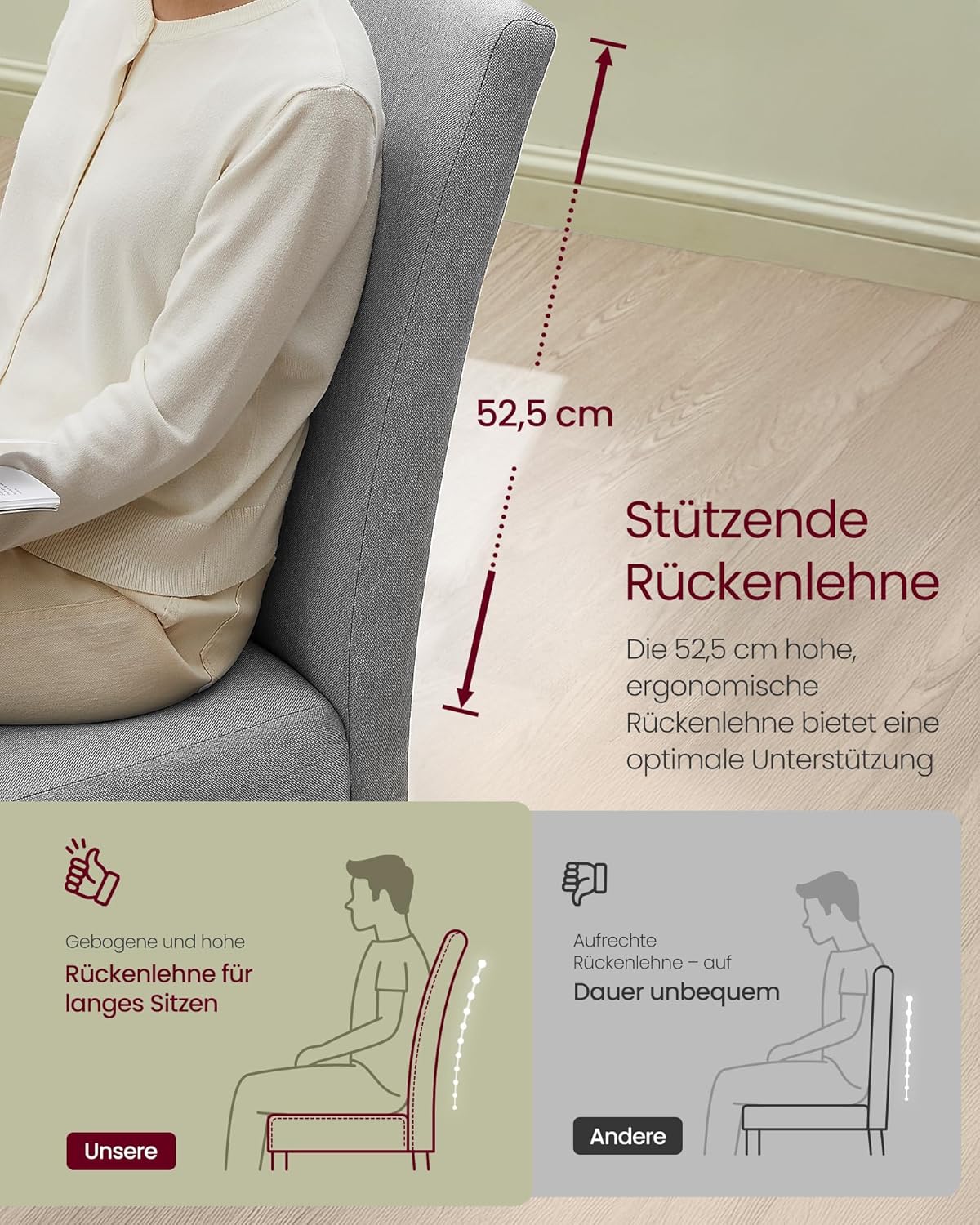 VASAGLE Esszimmerstuhl 2er Set, Küchenstuhl, Parsons-Stuhl, hohe Rückenlehne, für Esszimmer und Küche, Dickes Sitzkissen, 58 x 48 x 99 cm, Taubengrau KDC158G01
