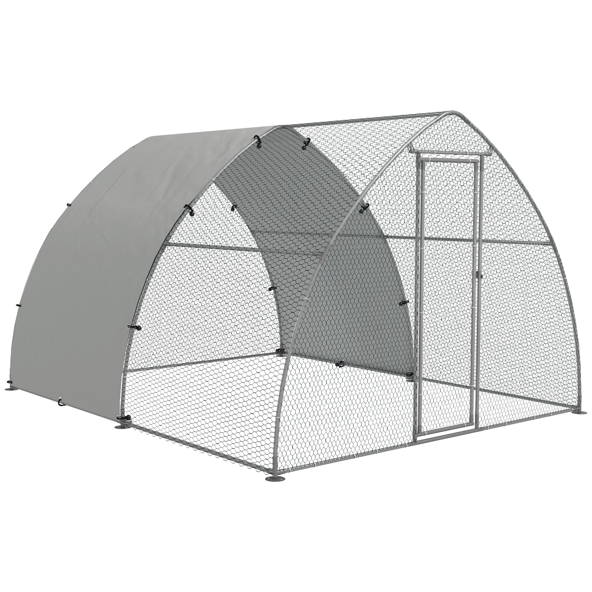 Galinheiro externo PawHut 304x375x220 cm em aço galvanizado com cobertura em tecido Oxford resistente a raios UV e à prova d'água para pátio, cor prata.